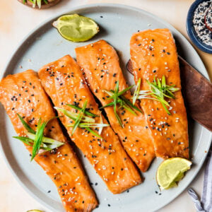 Baked miso salmon on serving platter.