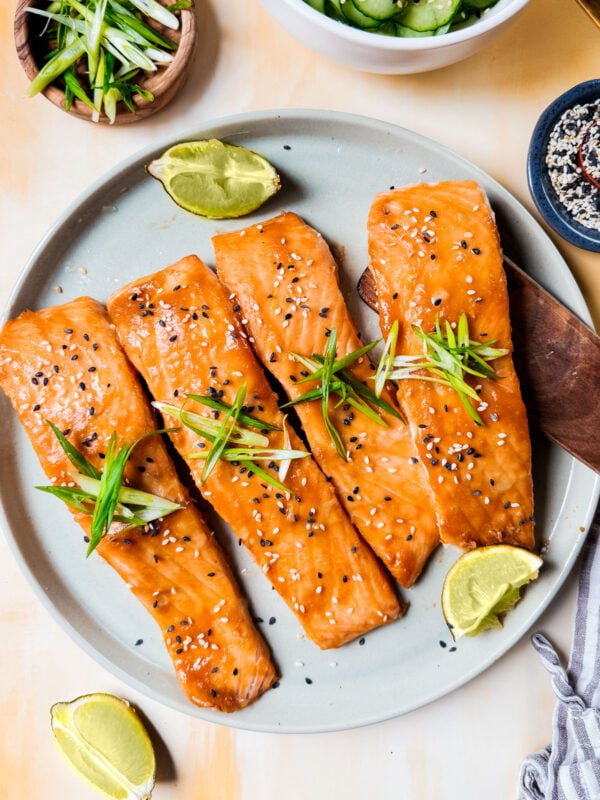 Baked miso salmon on serving platter.