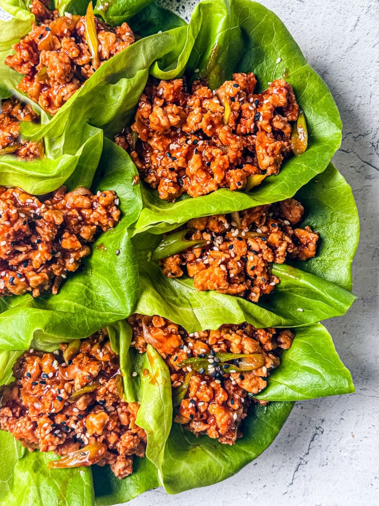 Lettuce wraps filled with hoisin ground chicken.