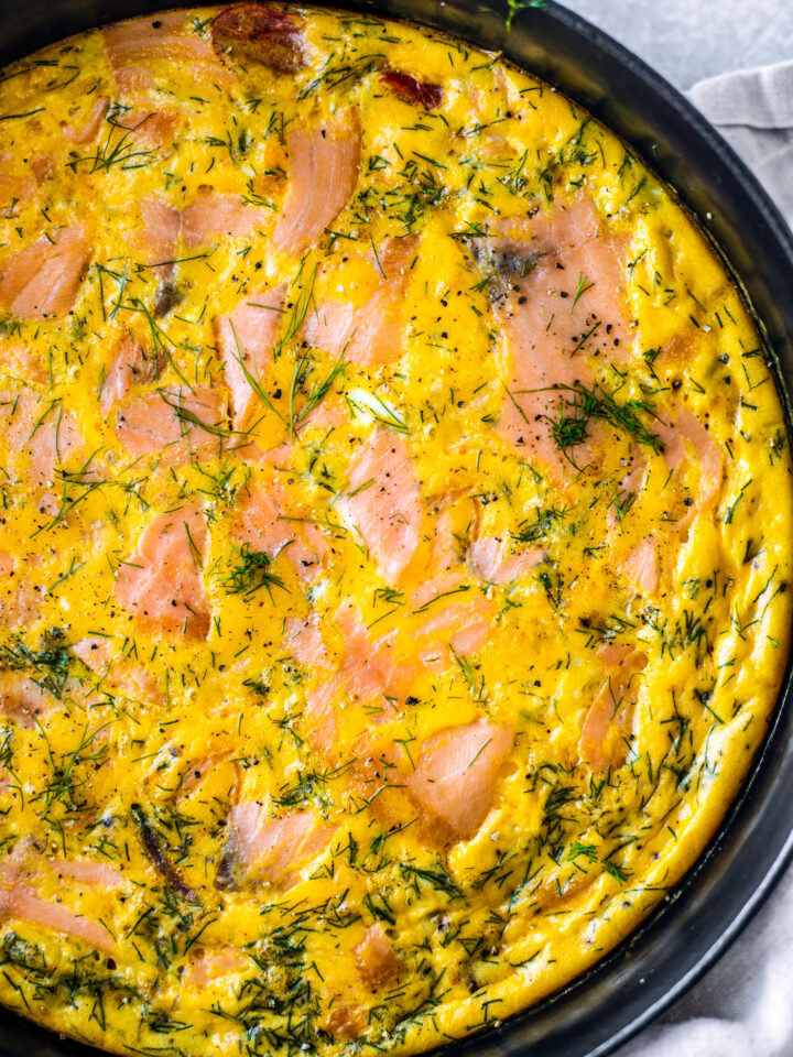 Close up of quiche in skillet.