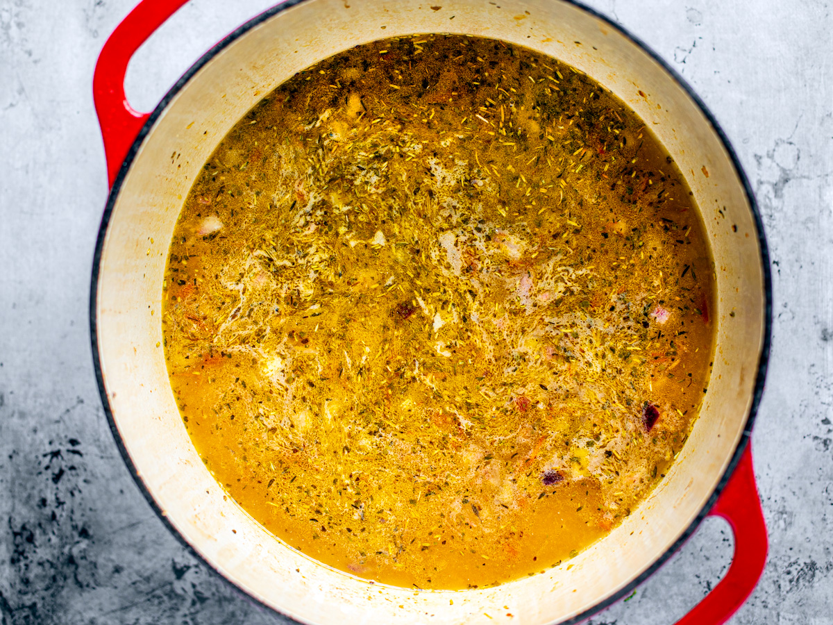 Pot of chicken florentine soup.