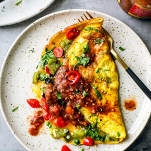 Omelet topped with salsa on a white plate.