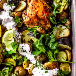Close up of roasted chicken thighs, zucchini, potatoes, with a drizzle of yogurt sauce and fresh herbs on a sheet pan.