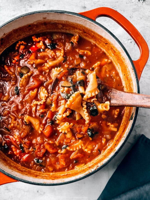 Pot of lasagna soup.