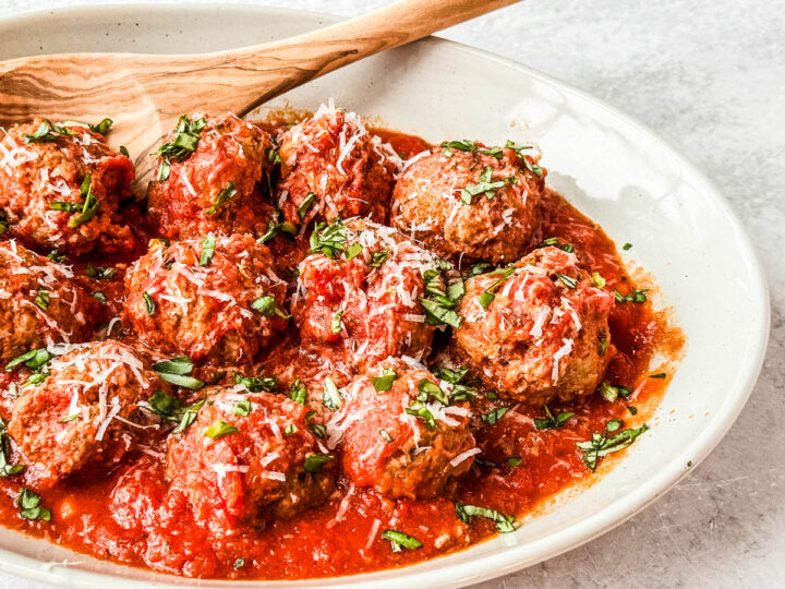 Serving dish with turkey meatballs in it.
