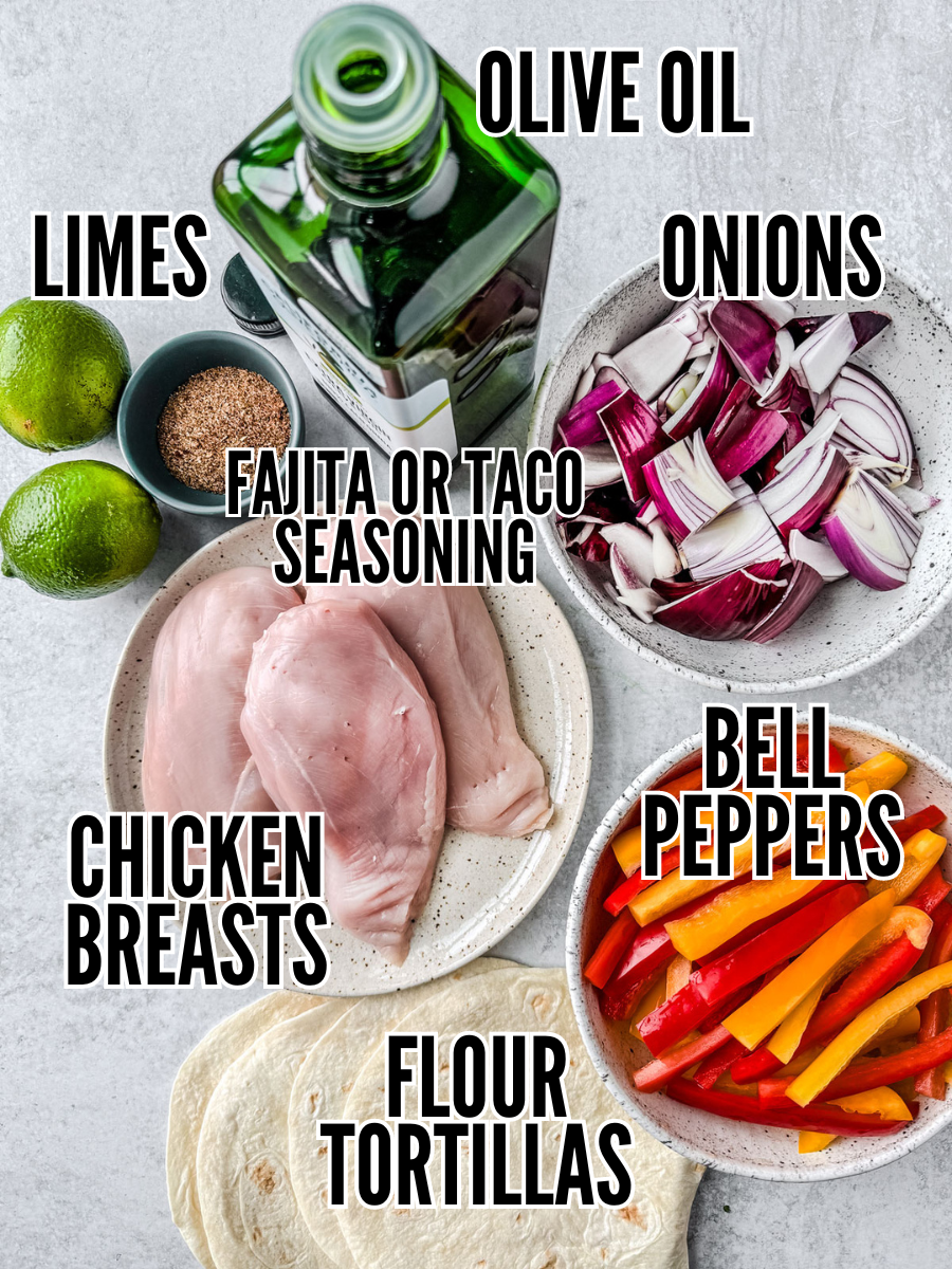 Ingredients for chicken fajitas on a light background.
