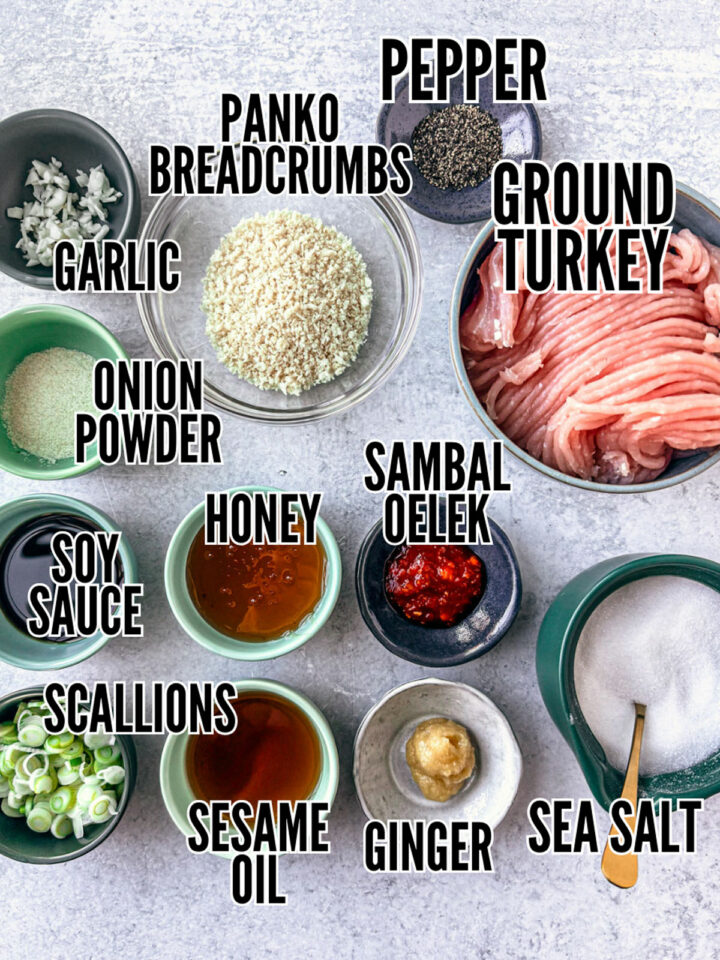 Ingredients for garlic ginger meatballs on a light background.