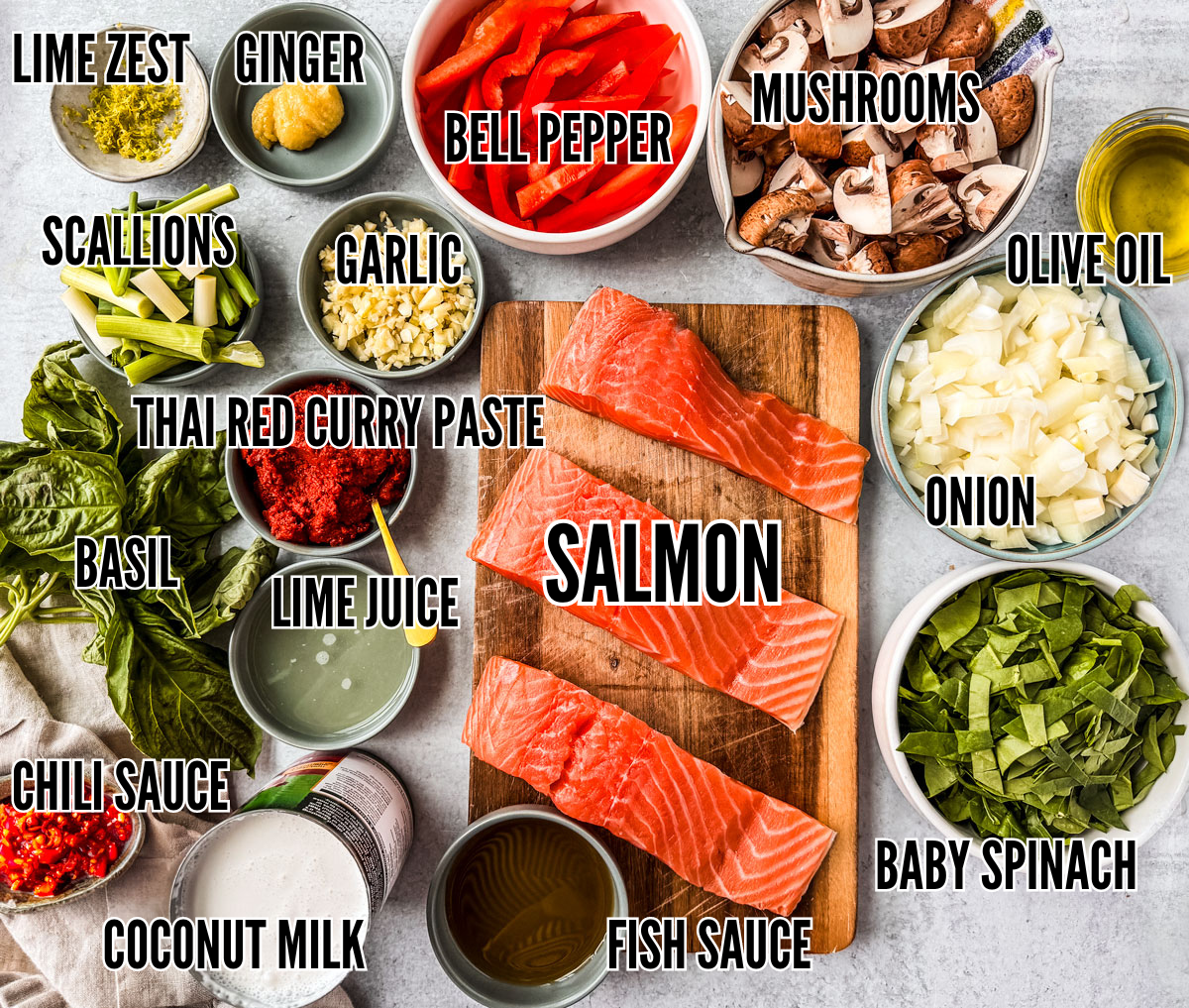The ingredients for curry salmon laid out on a light background.