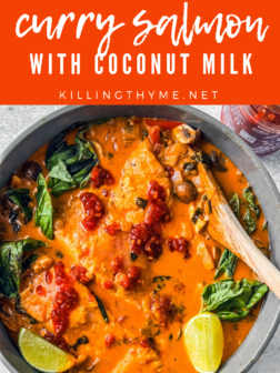 PIN for Curry Salmon With Coconut Milk in a sauté pan.