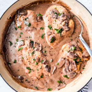 Pan with chicken in creamy mushroom sauce.