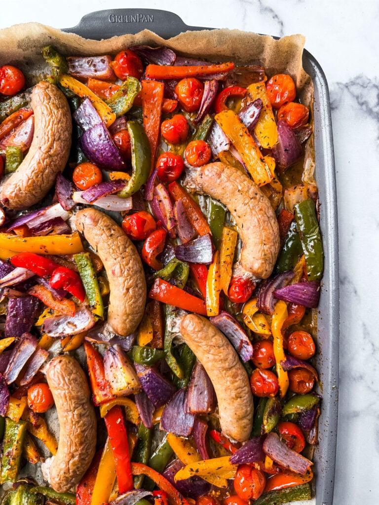 Sheet pan of turkey sausage and peppers