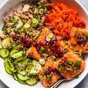 Rice bowl with salmon.