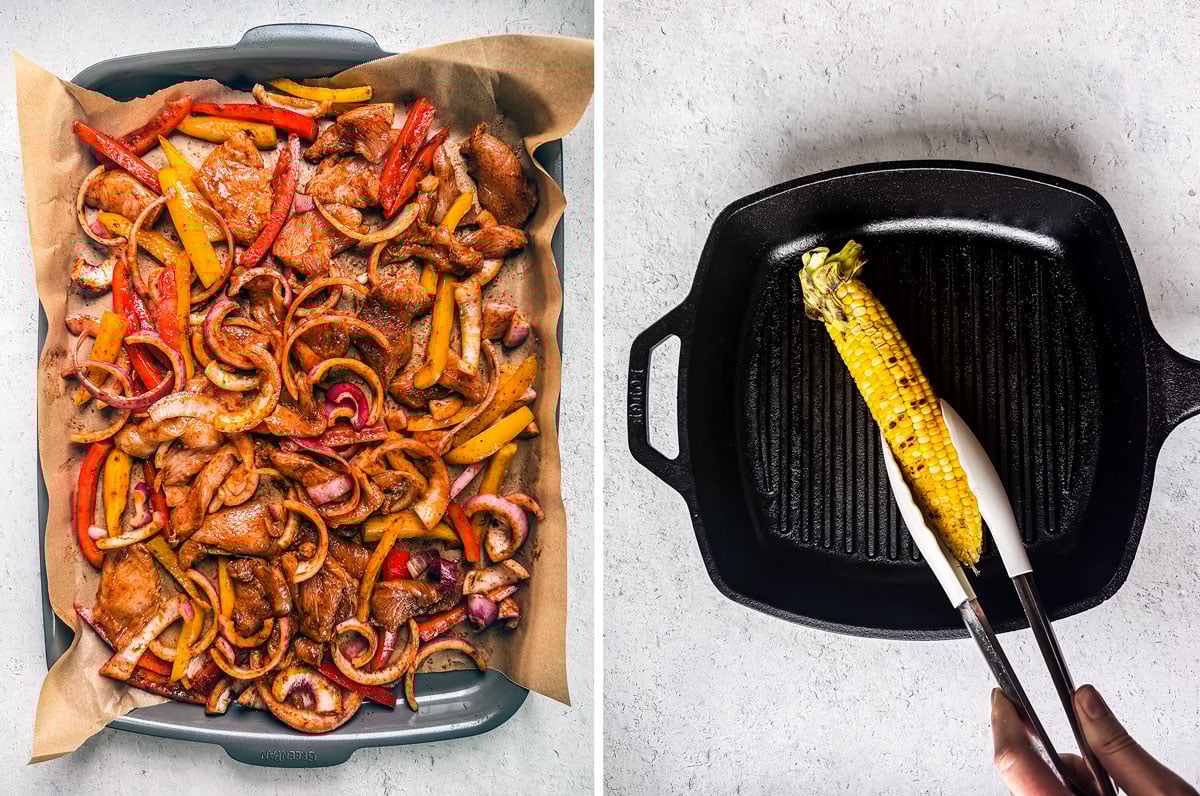 Photos of chicken and vegetables on a sheet pan and a cob of corn being grilled on a grill pan.