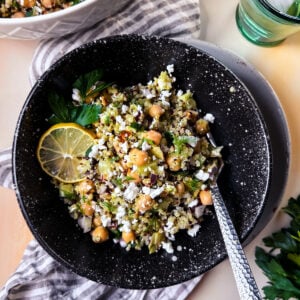 Bowl of quinoa chickpea salad.