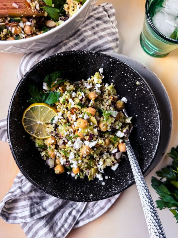 Bowl of quinoa chickpea salad.