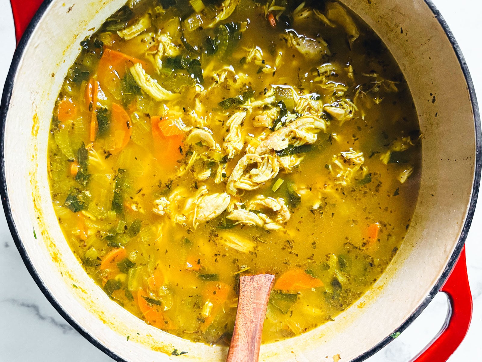 Completed soup with shredded chicken in it.