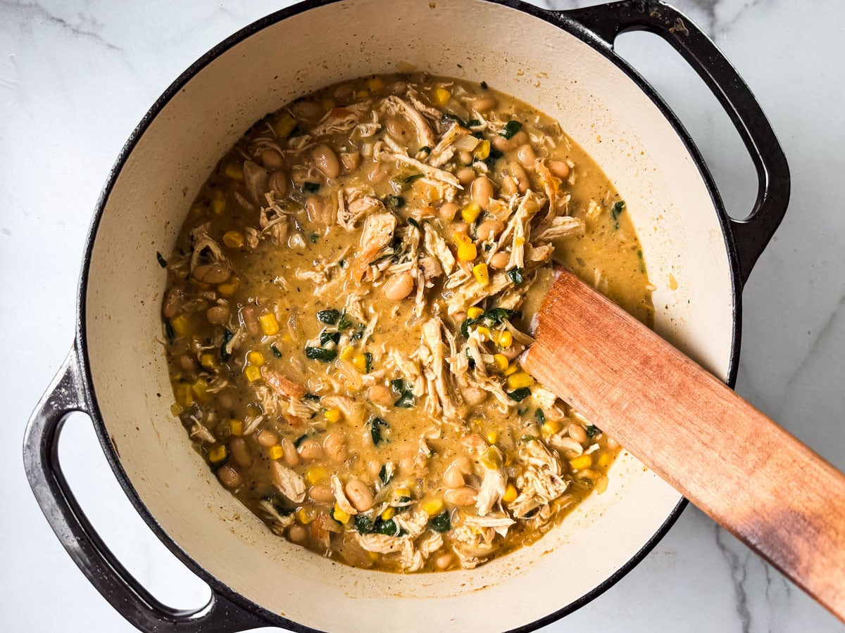 White chicken chili in a Dutch oven.