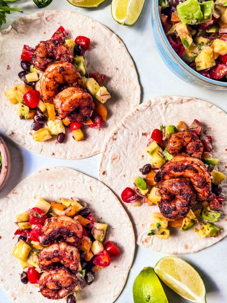 blackened shrimp tacos with pineapple avocado salsa.