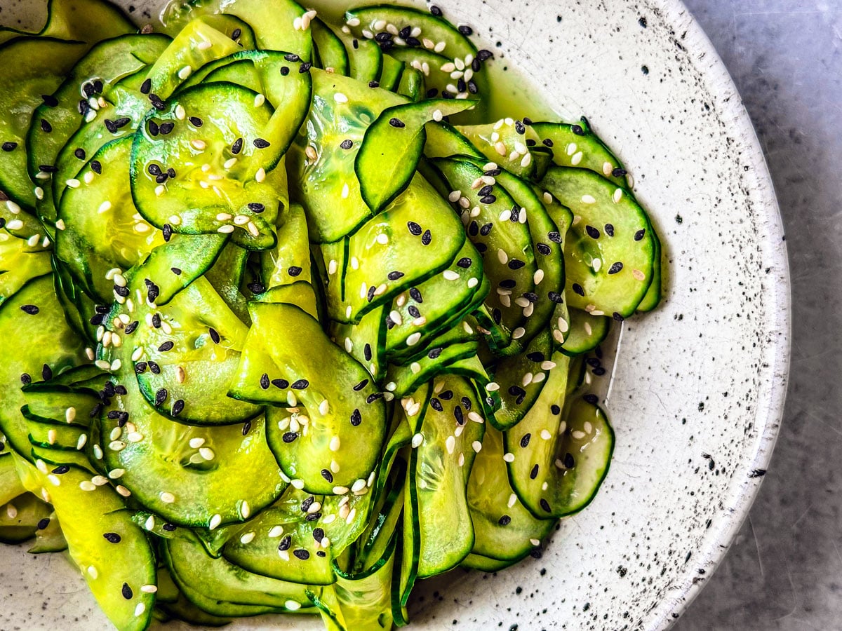 Bowl of Asian quick-pickled cucumbers.