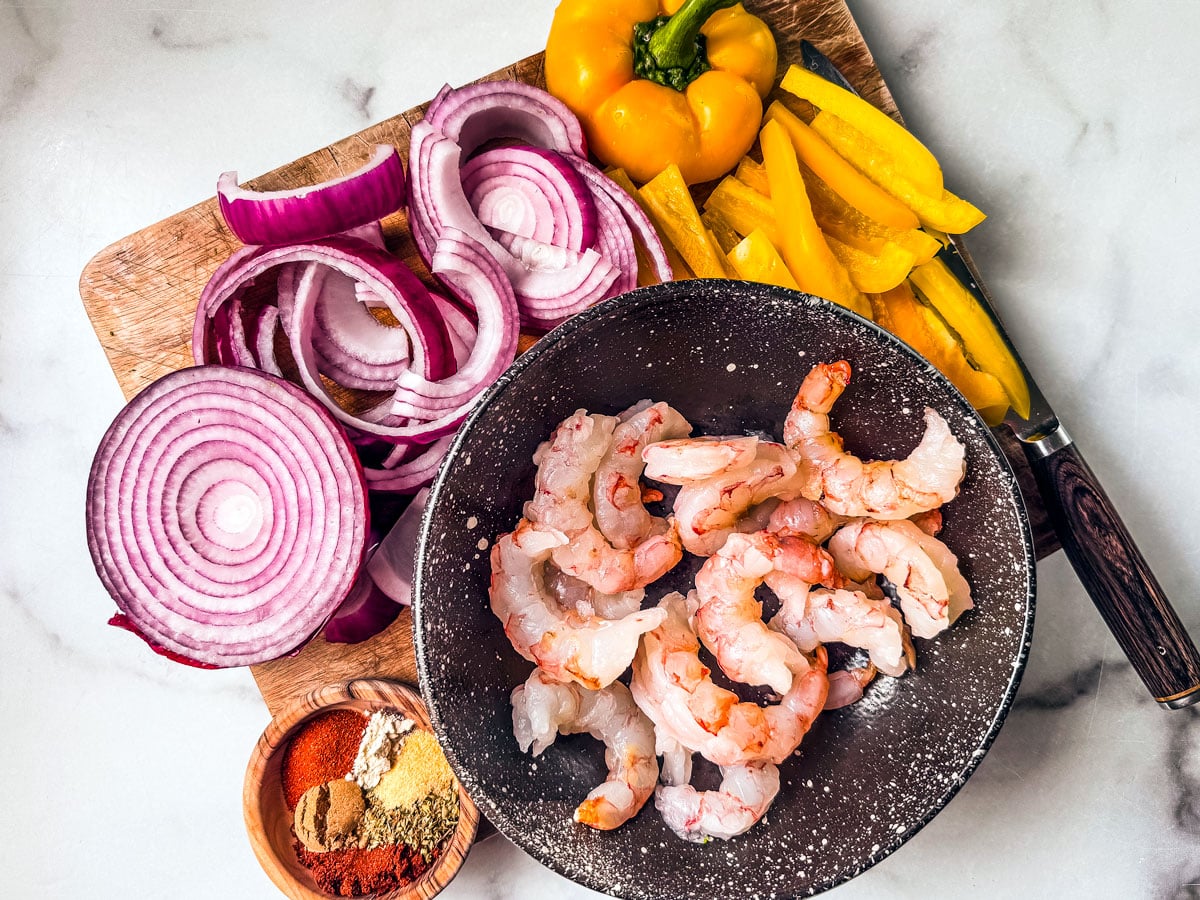 Ingredients for shrimp bowls with rice.