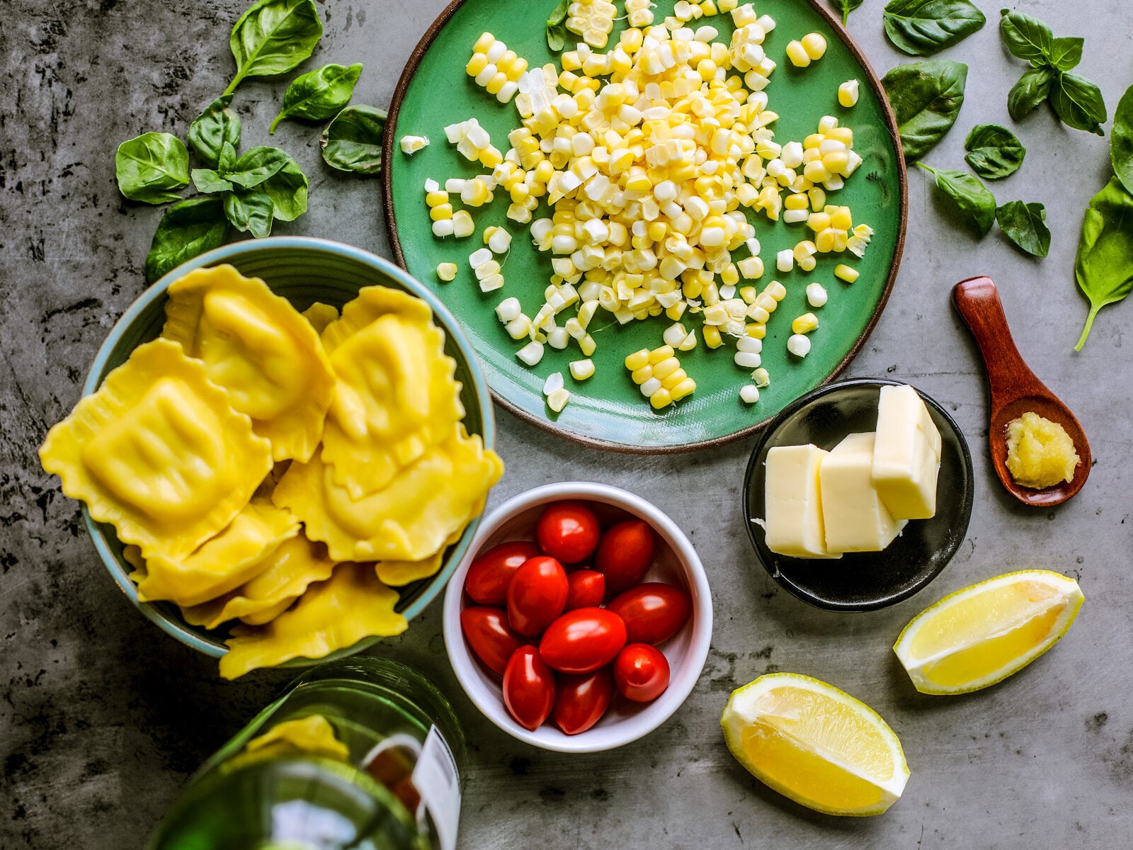 Ingredients laid out on a dark background.