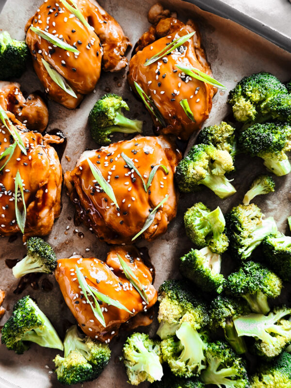 Teriyaki sheet pan chicken thighs.