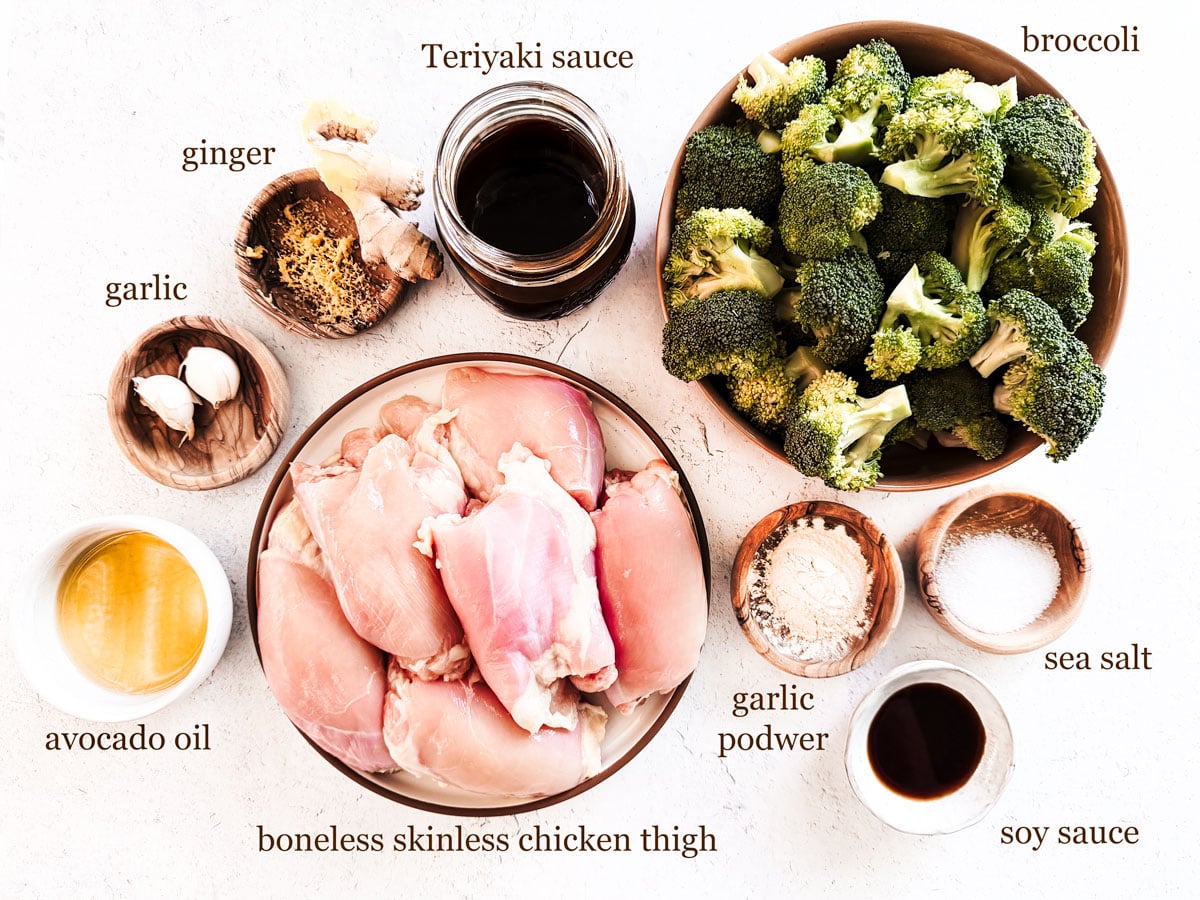 Ingredients for teriyaki sheet pan chicken on a light background.